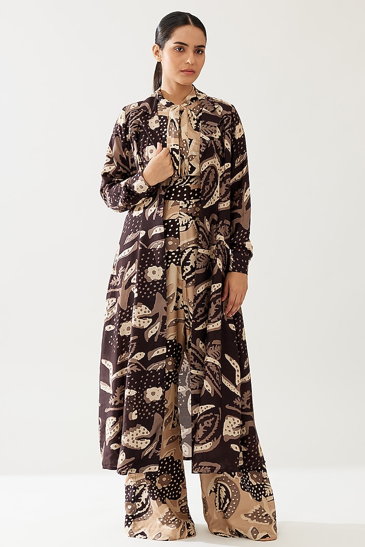 Dark Brown & Cream Cotton Silk Floral Cape by Koai at Pernia's Pop Up Shop