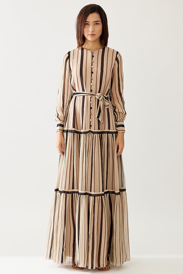 Cream & Dark Brown Chiffon Striped Maxi Vacation Shirt Dress by Koai at Pernia's Pop Up Shop