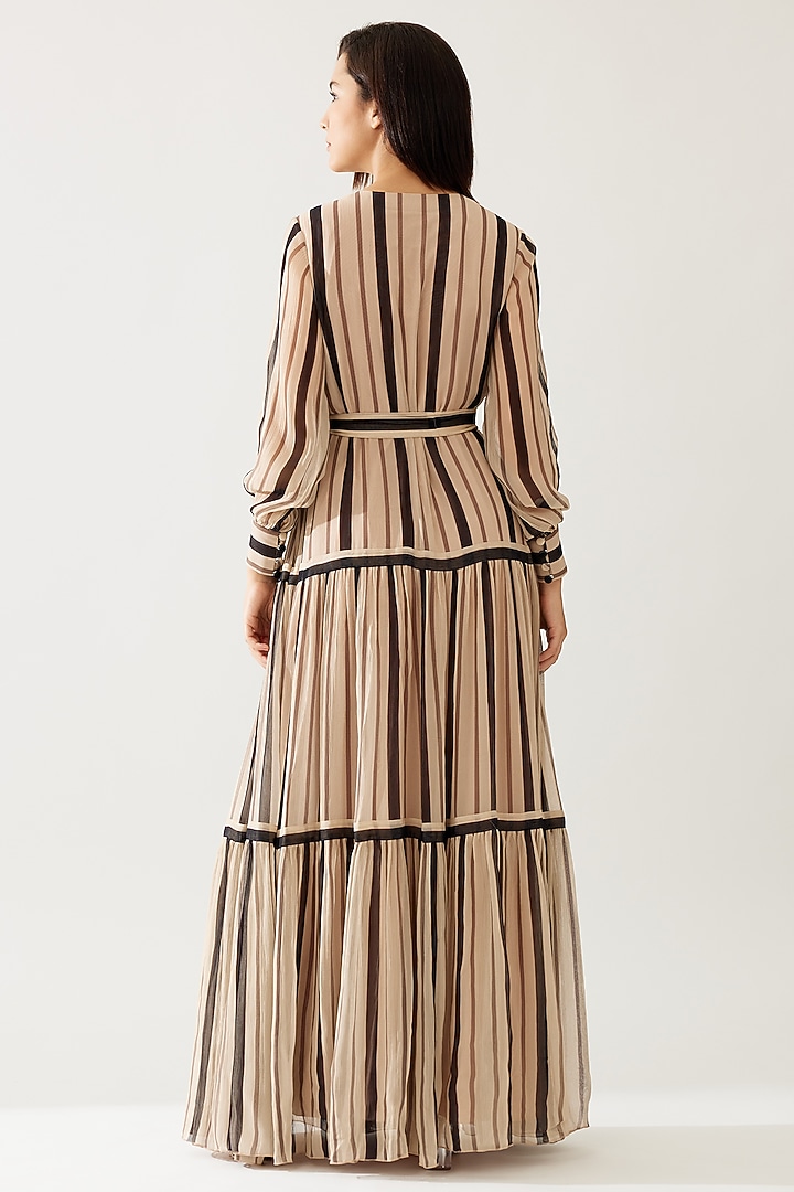 Cream & Dark Brown Chiffon Striped Maxi Vacation Shirt Dress by Koai at Pernia's Pop Up Shop