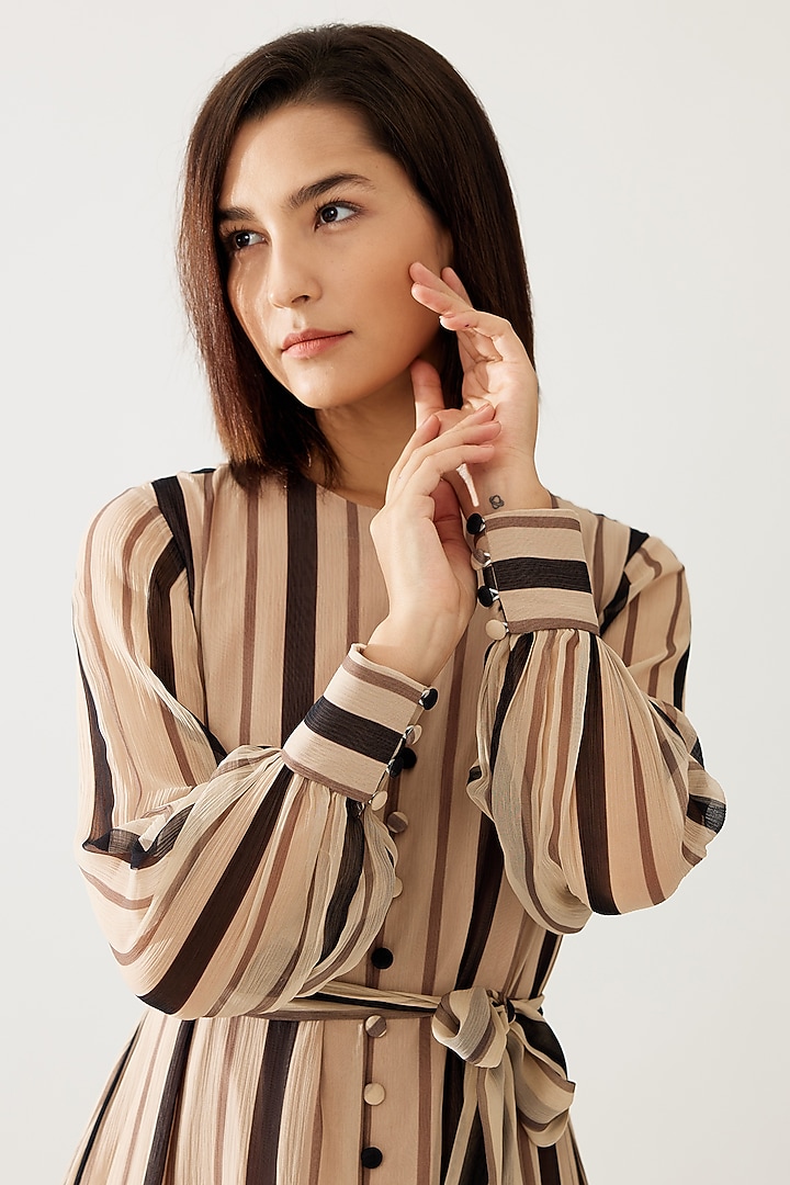 Cream & Dark Brown Chiffon Striped Maxi Vacation Shirt Dress by Koai at Pernia's Pop Up Shop