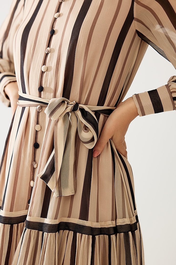 Cream & Dark Brown Chiffon Striped Maxi Vacation Shirt Dress by Koai at Pernia's Pop Up Shop