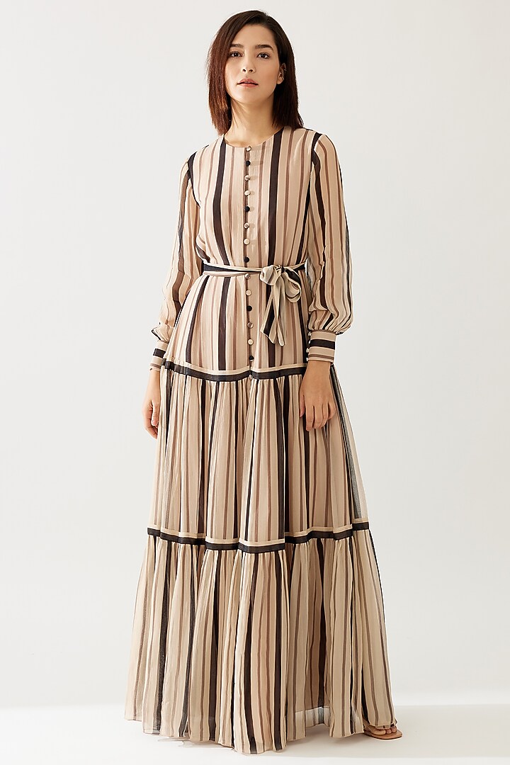 Cream & Dark Brown Chiffon Striped Maxi Vacation Shirt Dress by Koai at Pernia's Pop Up Shop