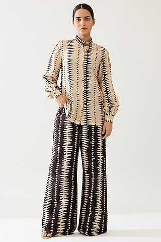 Cream & Dark Brown Cotton Silk Shirt by Koai