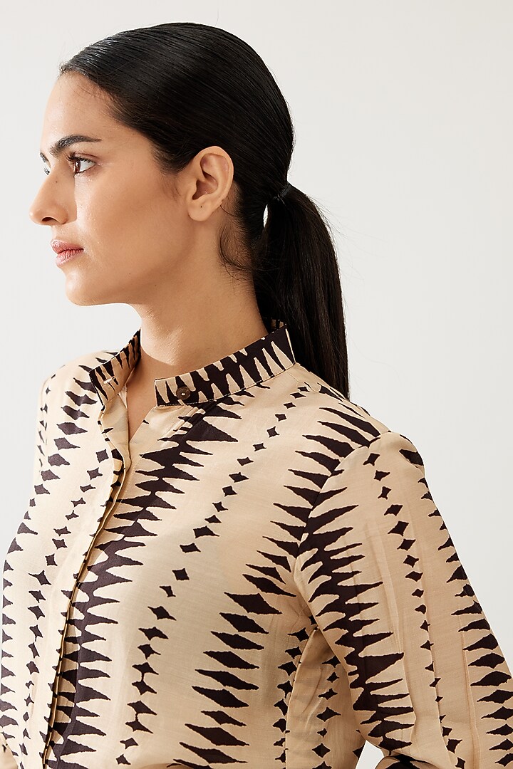 Cream & Dark Brown Cotton Silk Shirt by Koai at Pernia's Pop Up Shop