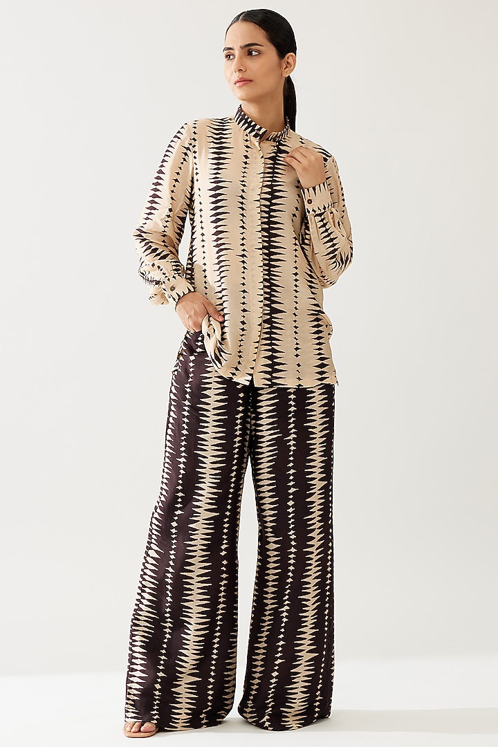 Cream & Dark Brown Cotton Silk Shirt by Koai at Pernia's Pop Up Shop