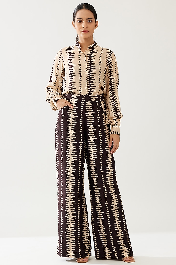 Dark Brown & Cream Cotton Silk Pants by Koai at Pernia's Pop Up Shop