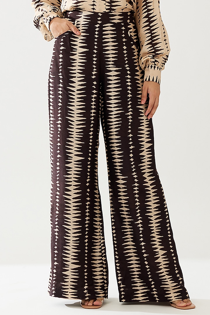 Dark Brown & Cream Cotton Silk Pants by Koai at Pernia's Pop Up Shop