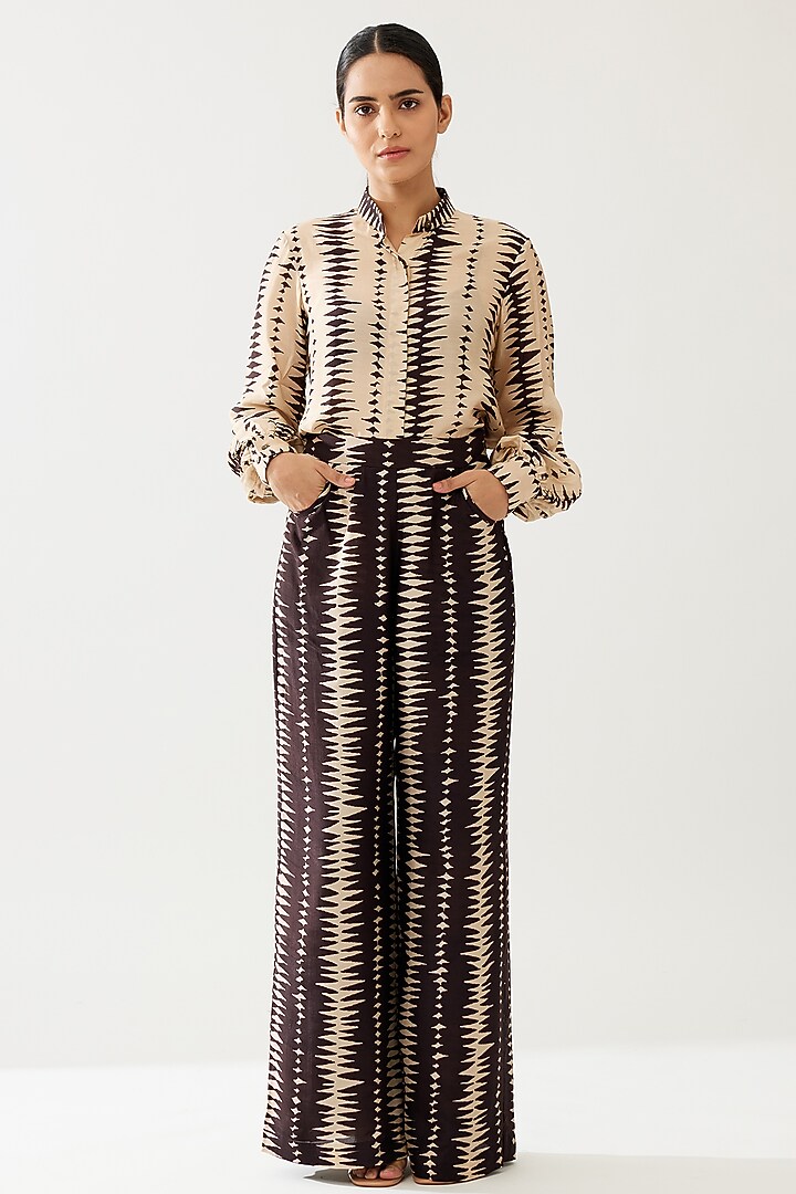 Dark Brown & Cream Cotton Silk Pants by Koai at Pernia's Pop Up Shop