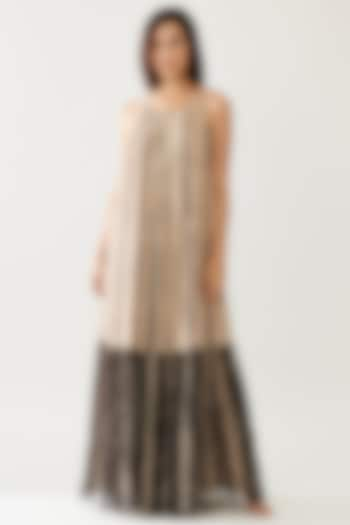 Cream & Dark Brown Chiffon Striped Maxi Dress With Belt by Koai at Pernia's Pop Up Shop