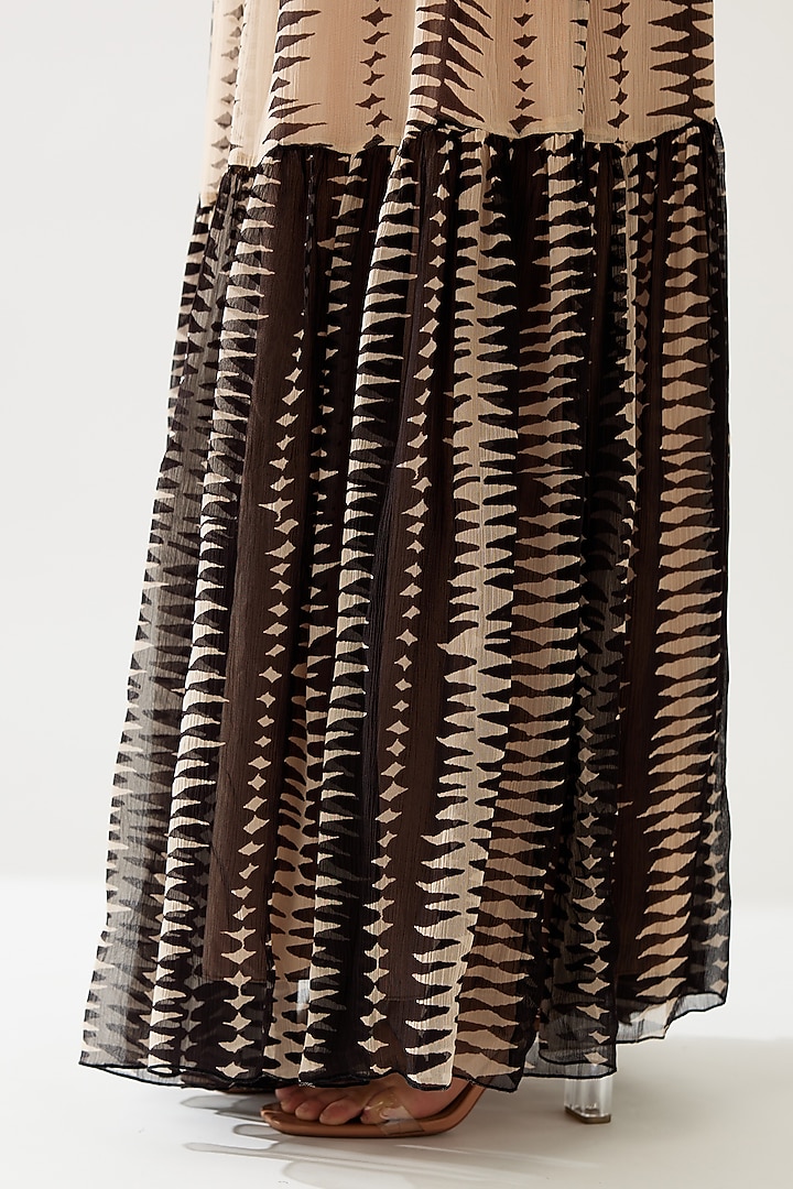 Cream & Dark Brown Chiffon Striped Maxi Vacation Dress With Belt by Koai at Pernia's Pop Up Shop