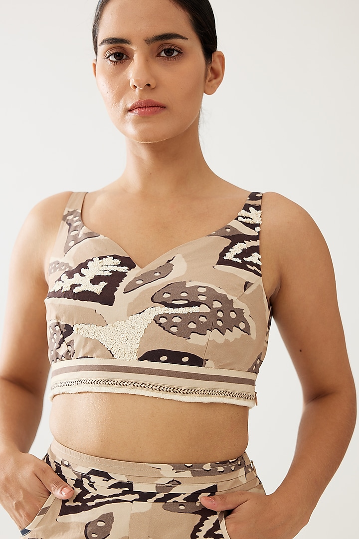 Cream & Dark Brown Poplin Cotton Floral Bustier by Koai at Pernia's Pop Up Shop