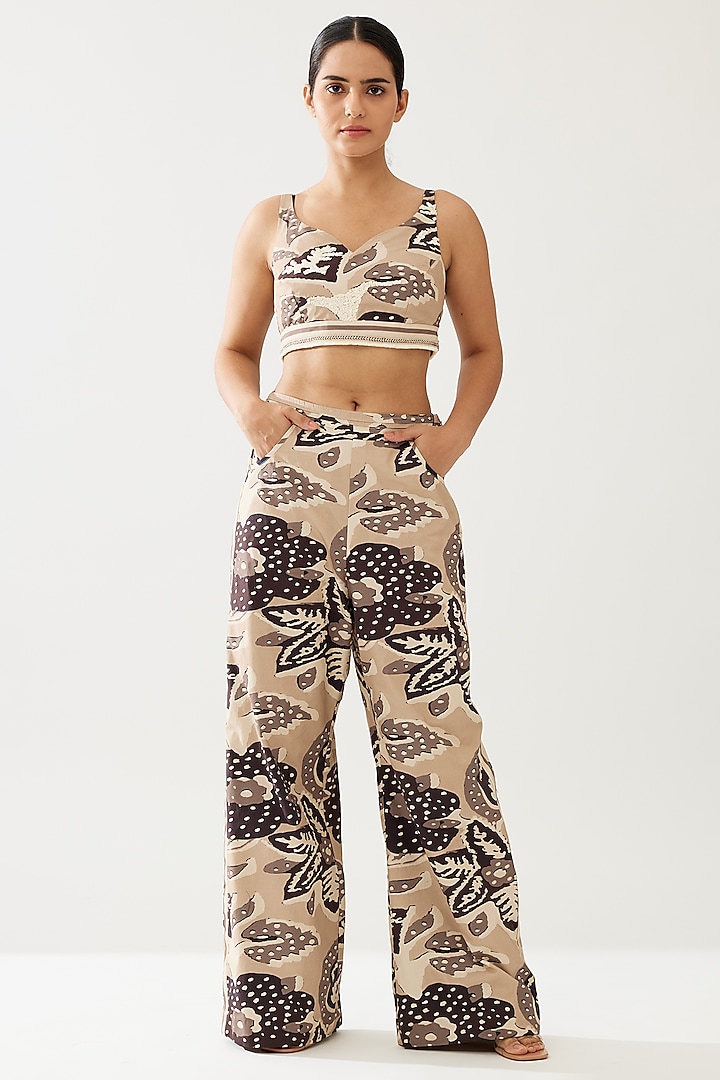 Cream & Dark Brown Poplin Cotton Floral Pants by Koai at Pernia's Pop Up Shop