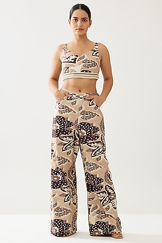 Cream & Dark Brown Poplin Cotton Floral Pants by Koai