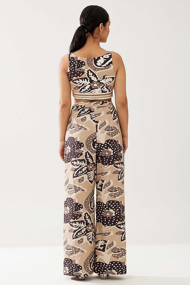 Cream & Dark Brown Poplin Cotton Floral Pants by Koai at Pernia's Pop Up Shop