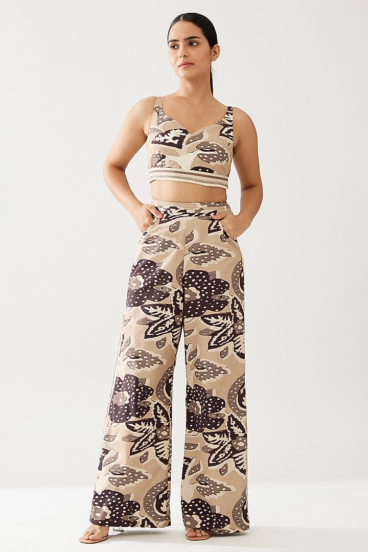 Cream & Dark Brown Poplin Cotton Floral Pants by Koai at Pernia's Pop Up Shop