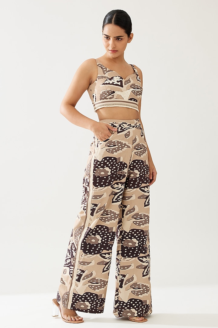 Cream & Dark Brown Poplin Cotton Floral Pants by Koai at Pernia's Pop Up Shop