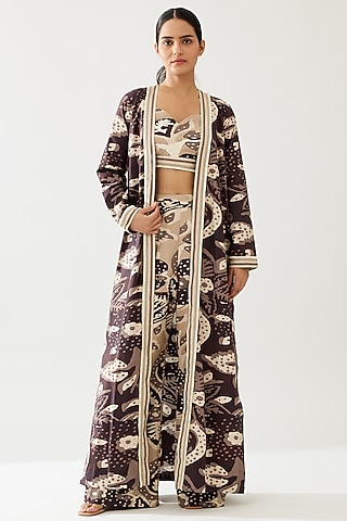 Dark Brown & Cream Poplin Cotton Floral Cape by Koai