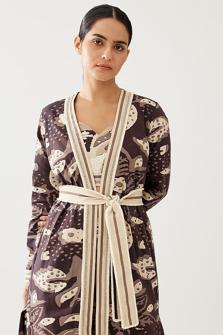 Dark Brown & Cream Poplin Cotton Floral Cape by Koai at Pernia's Pop Up Shop