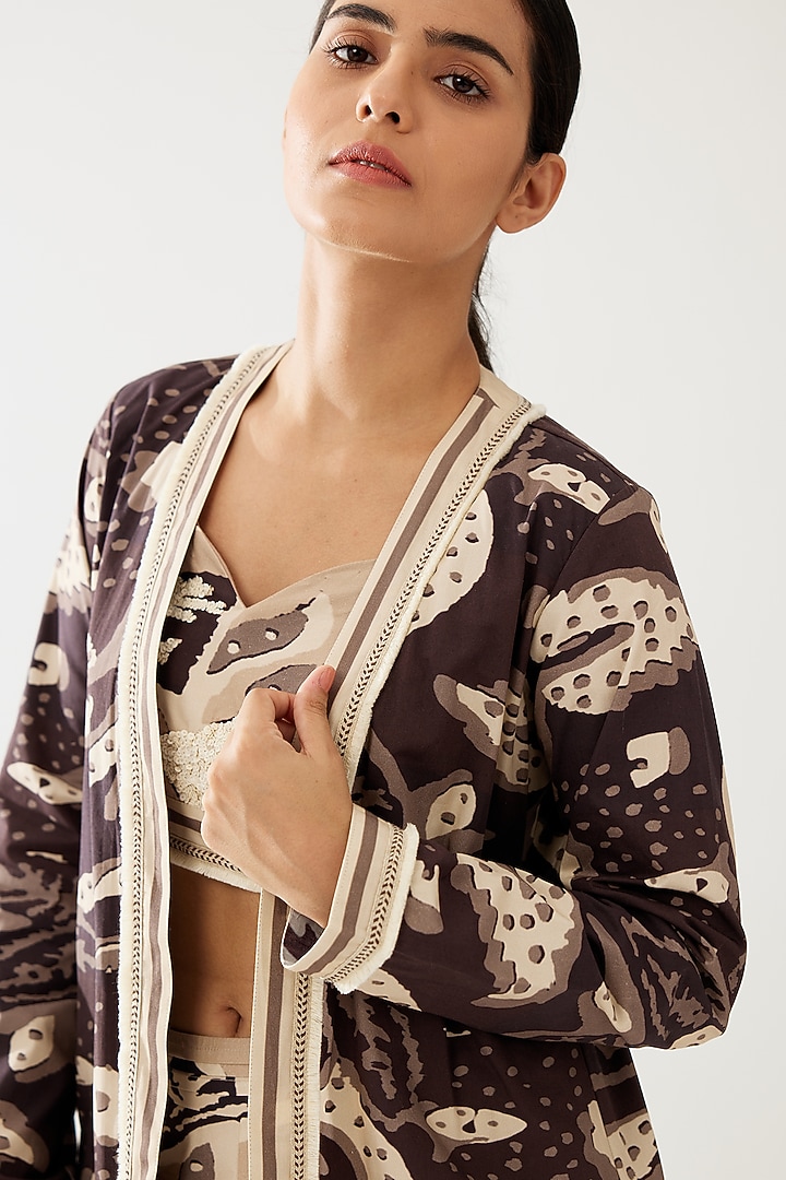 Dark Brown & Cream Poplin Cotton Floral Cape by Koai at Pernia's Pop Up Shop