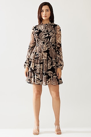 Dark Brown & Cream Chiffon Floral Mini Dress by Koai