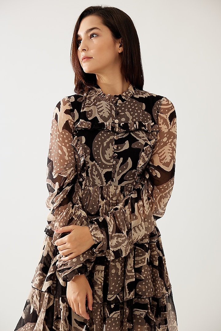 Dark Brown & Cream Chiffon Floral Mini Vacation Dress by Koai at Pernia's Pop Up Shop
