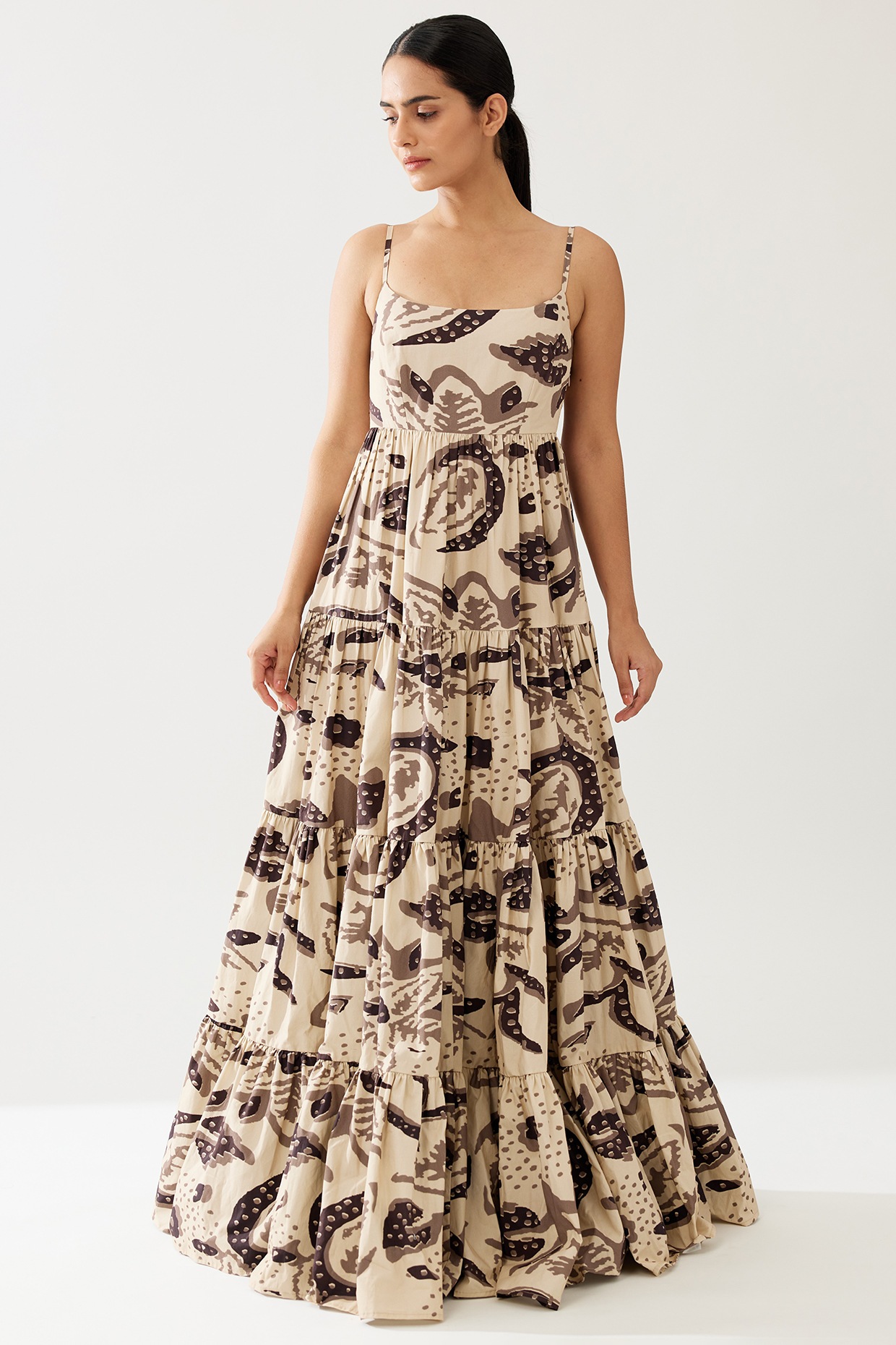 Cream & Dark Brown Poplin Cotton Floral Tiered Maxi Dress by
