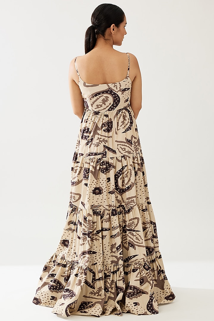 Cream & Dark Brown Poplin Cotton Floral Tiered Maxi Vacation Dress by Koai at Pernia's Pop Up Shop
