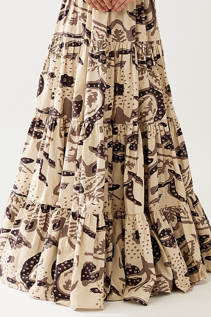 Cream & Dark Brown Poplin Cotton Floral Tiered Maxi Vacation Dress by Koai at Pernia's Pop Up Shop