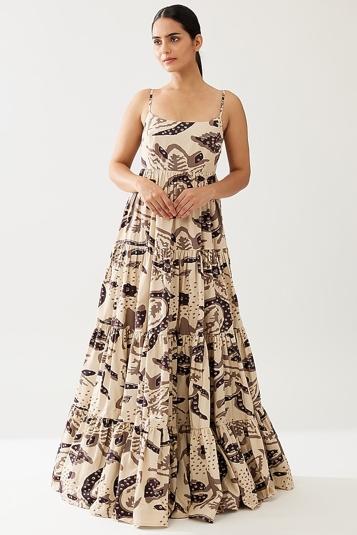 Cream & Dark Brown Poplin Cotton Floral Tiered Maxi Vacation Dress by Koai at Pernia's Pop Up Shop