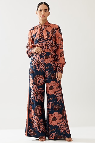 Pink & Dark Blue Cotton Silk Floral Bow-Tie Shirt by Koai