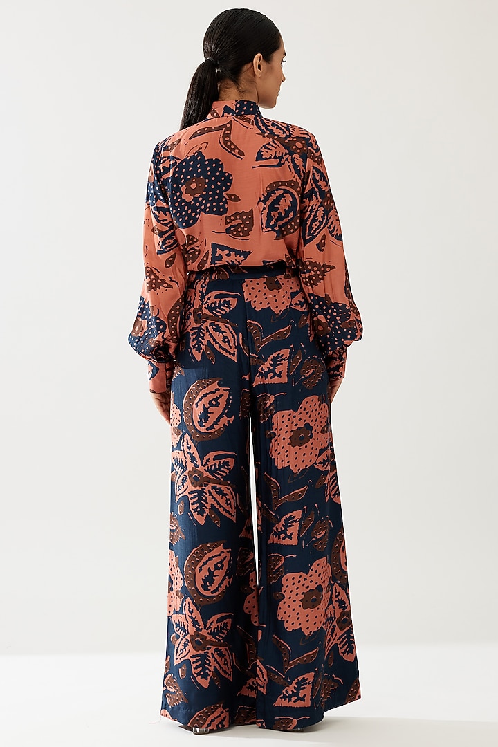 Pink & Dark Blue Cotton Silk Floral Bow-Tie Shirt by Koai at Pernia's Pop Up Shop