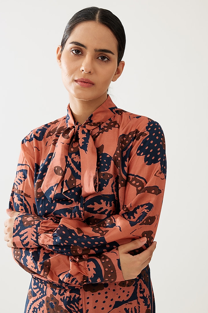 Pink & Dark Blue Cotton Silk Floral Bow-Tie Shirt by Koai at Pernia's Pop Up Shop