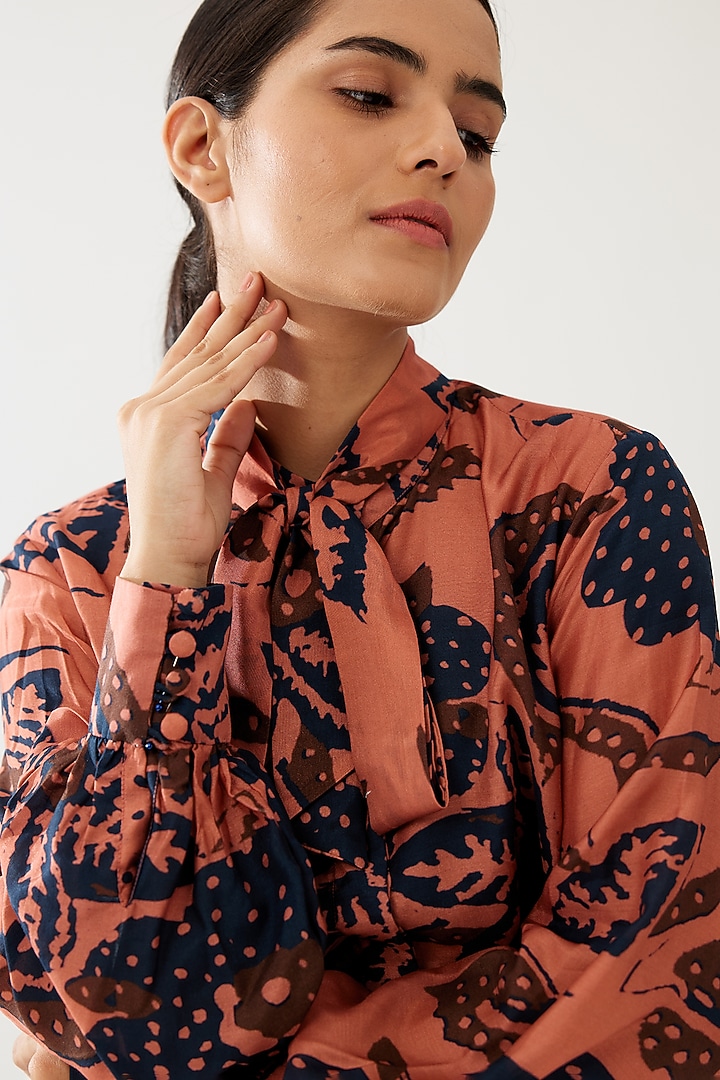 Pink & Dark Blue Cotton Silk Floral Bow-Tie Shirt by Koai at Pernia's Pop Up Shop