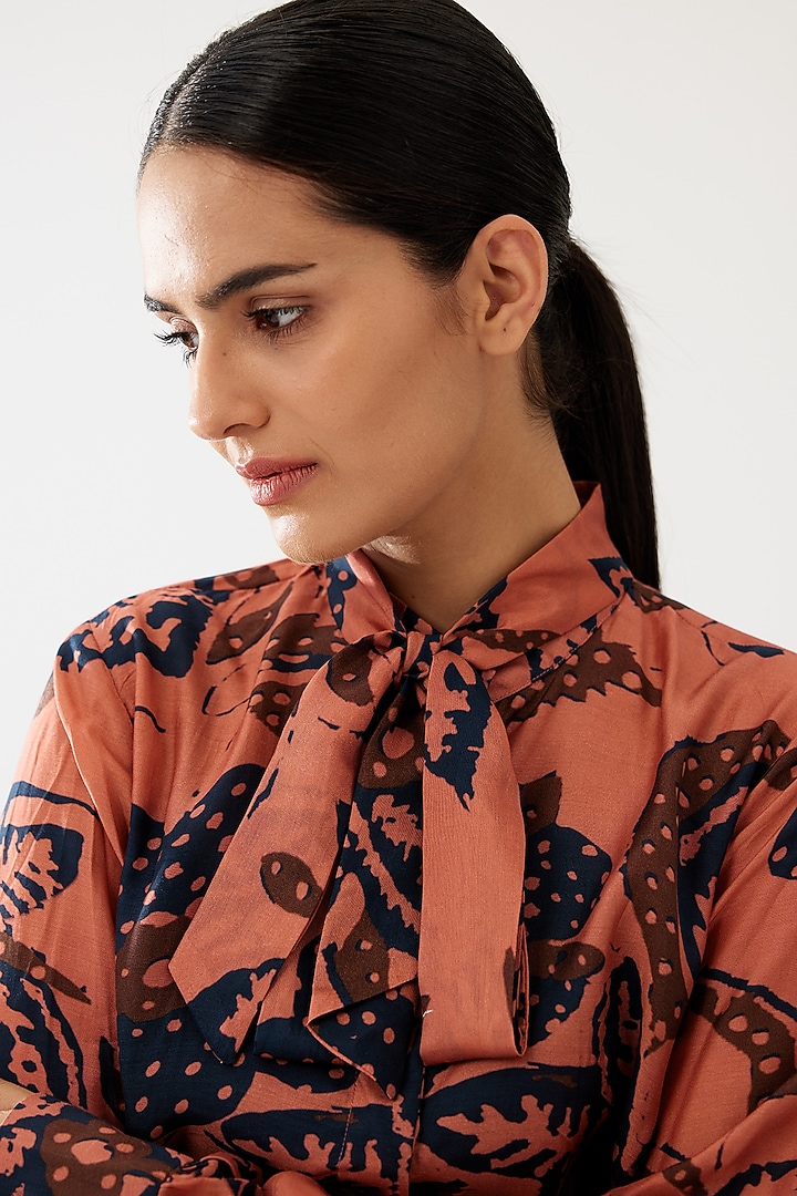 Pink & Dark Blue Cotton Silk Floral Bow-Tie Shirt by Koai at Pernia's Pop Up Shop