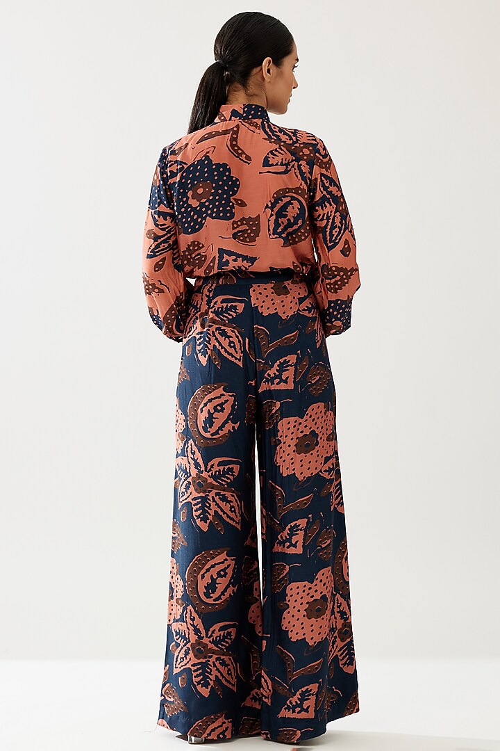 Dark Blue & Pink Cotton Silk Floral Pants by Koai at Pernia's Pop Up Shop