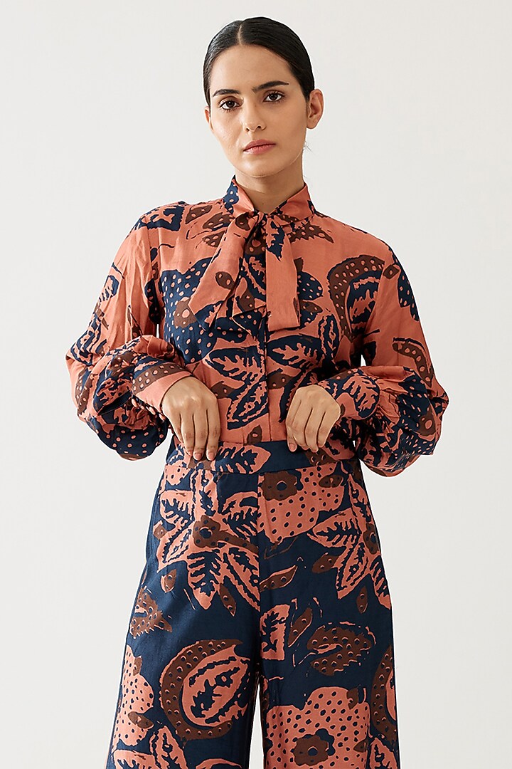 Dark Blue & Pink Cotton Silk Floral Pants by Koai at Pernia's Pop Up Shop