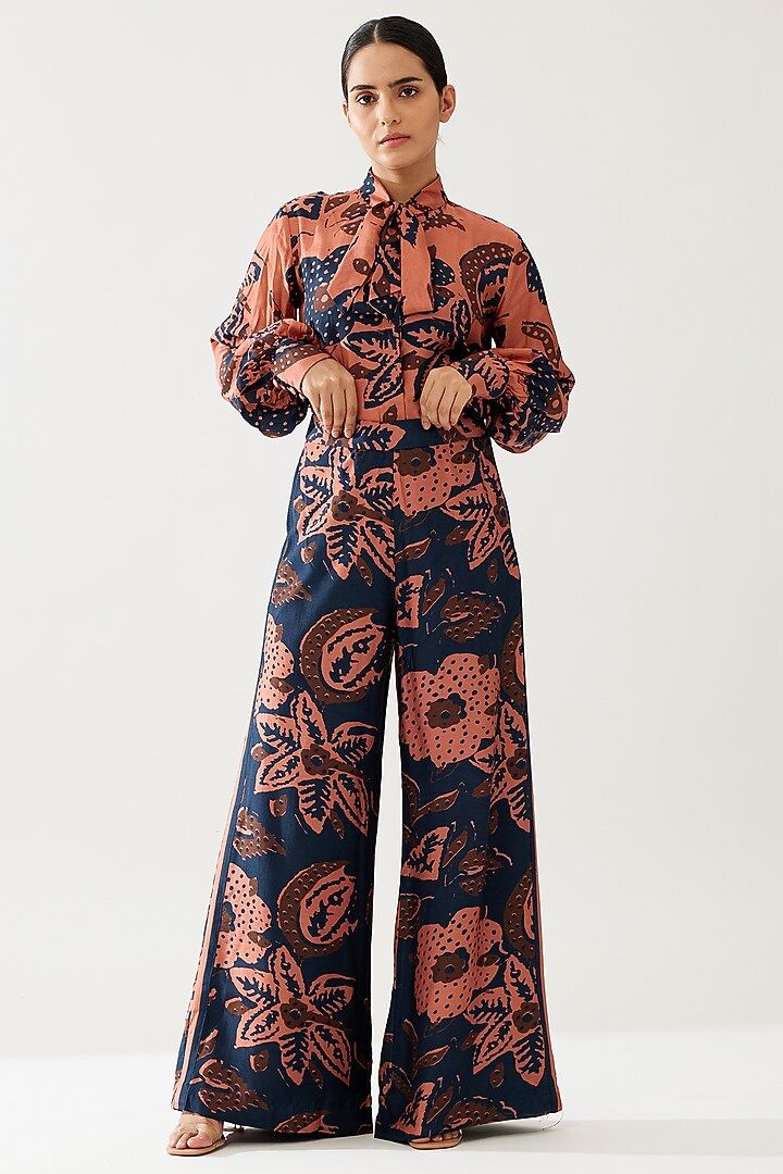 Dark Blue & Pink Cotton Silk Floral Pants by Koai at Pernia's Pop Up Shop
