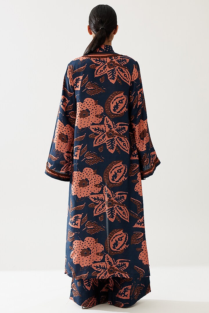 Dark Blue & Pink Cotton Silk Floral Cape by Koai at Pernia's Pop Up Shop