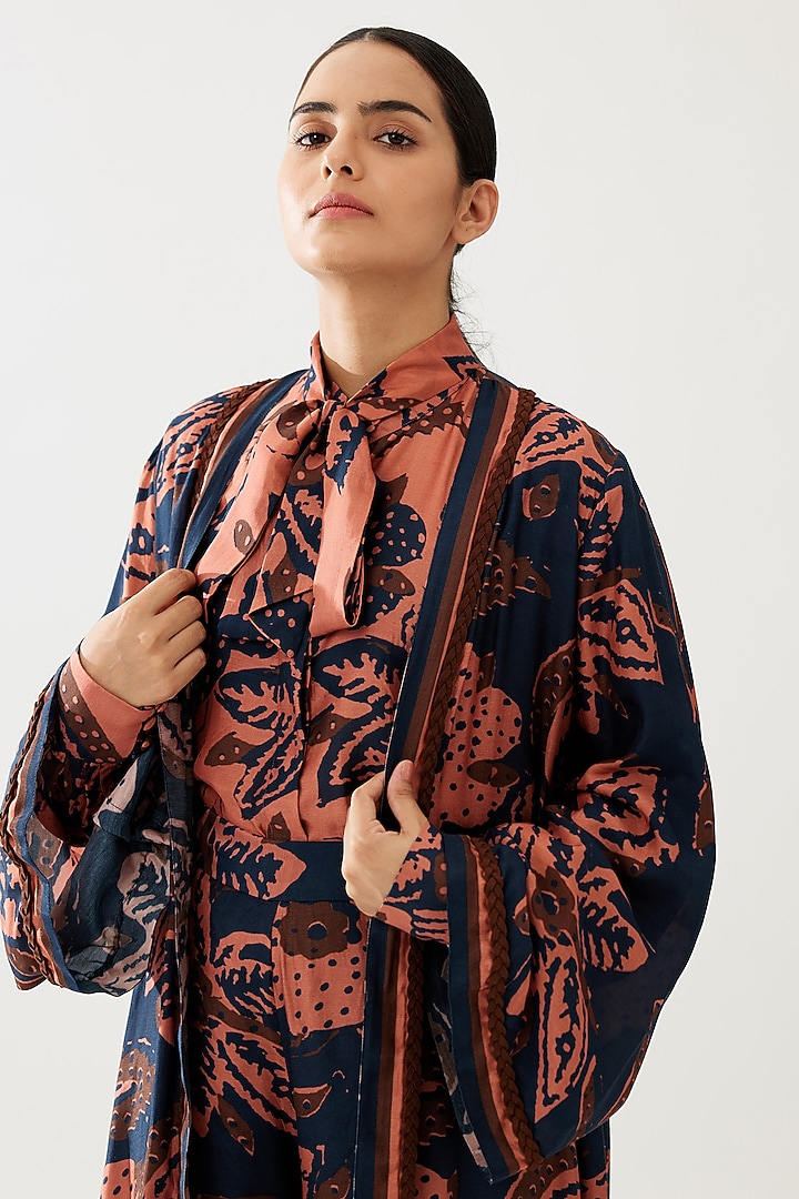 Dark Blue & Pink Cotton Silk Floral Cape by Koai at Pernia's Pop Up Shop