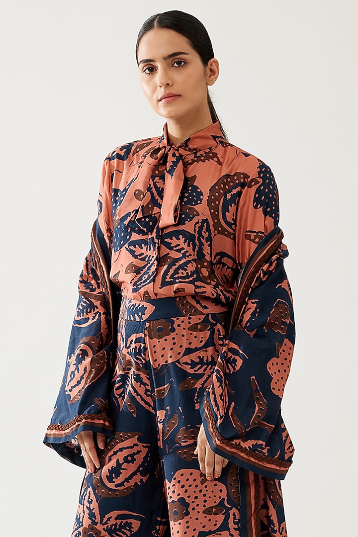 Dark Blue & Pink Cotton Silk Floral Cape by Koai at Pernia's Pop Up Shop