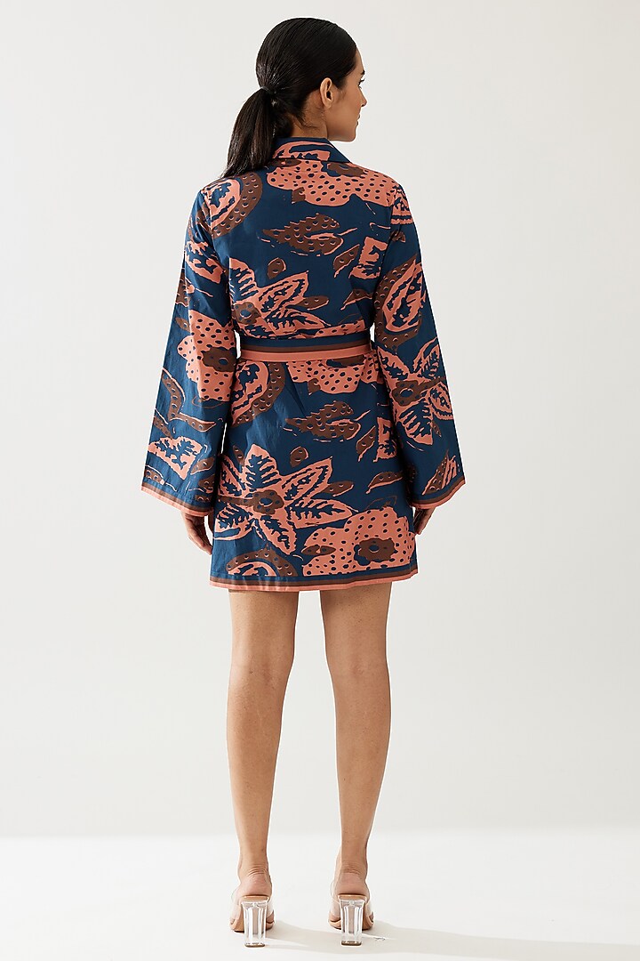 Dark Blue & Pink Poplin Cotton Floral Jacket With Belt by Koai at Pernia's Pop Up Shop