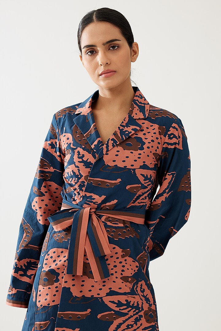 Dark Blue & Pink Poplin Cotton Floral Jacket With Belt by Koai at Pernia's Pop Up Shop
