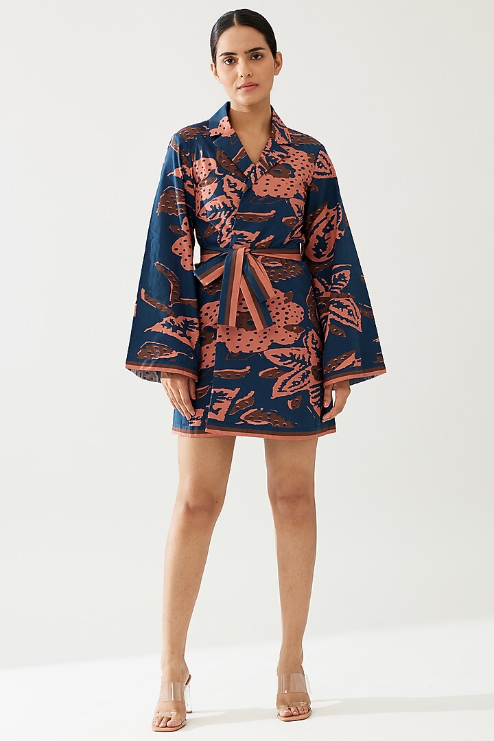 Dark Blue & Pink Poplin Cotton Floral Jacket With Belt by Koai at Pernia's Pop Up Shop