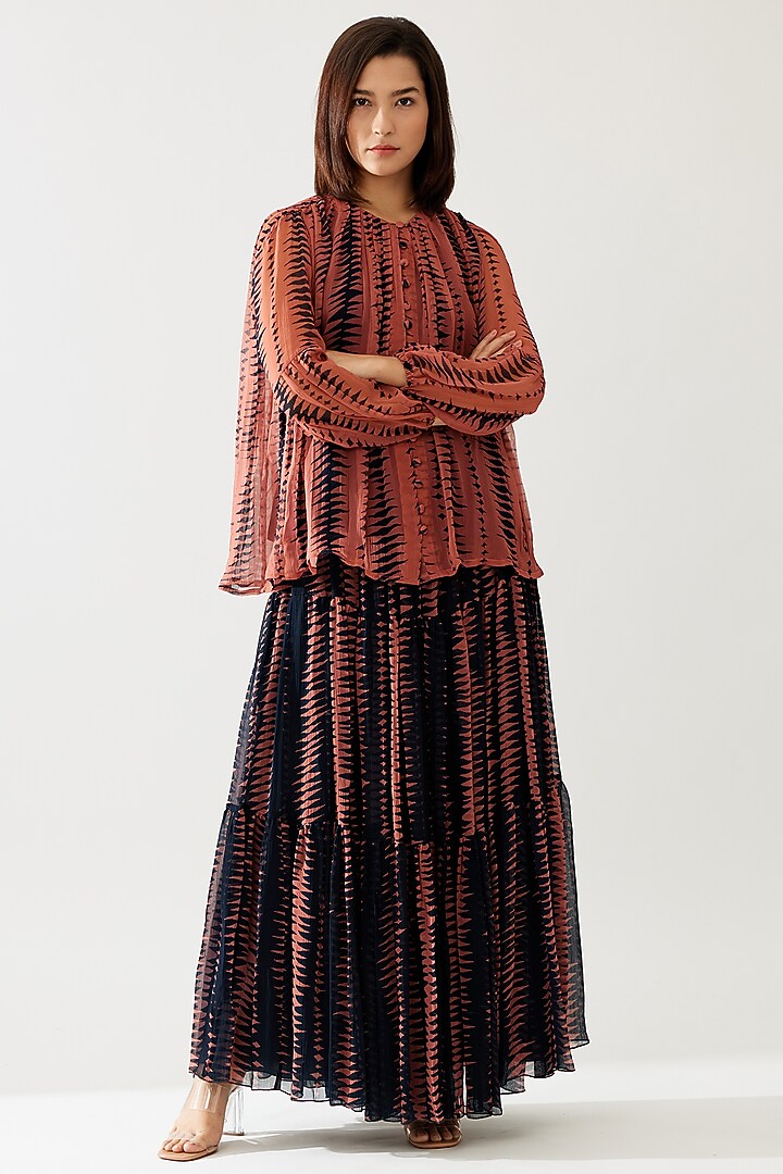Pink & Dark Blue Chiffon Pleated Top by Koai at Pernia's Pop Up Shop