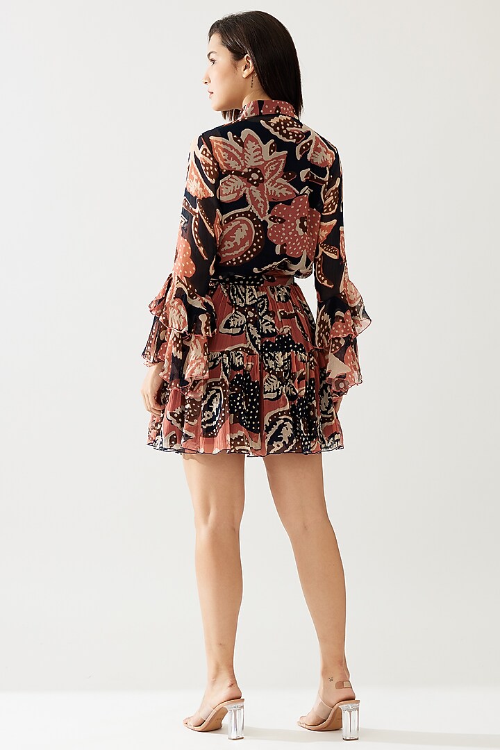 Dark Blue & Pink Chiffon Floral Frilled Top by Koai at Pernia's Pop Up Shop