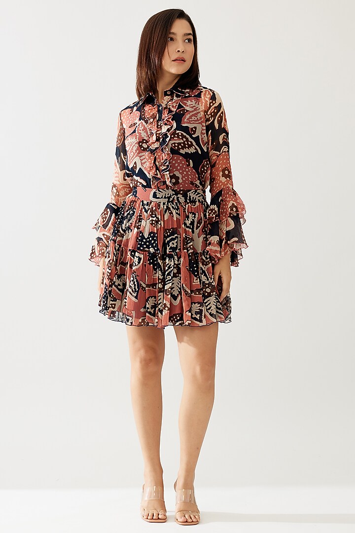 Dark Blue & Pink Chiffon Floral Frilled Top by Koai at Pernia's Pop Up Shop