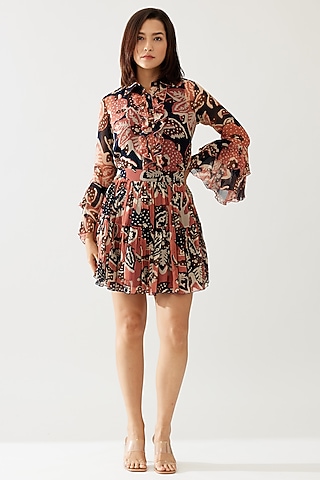 Pink & Dark Blue Chiffon Floral Mini Skirt by Koai