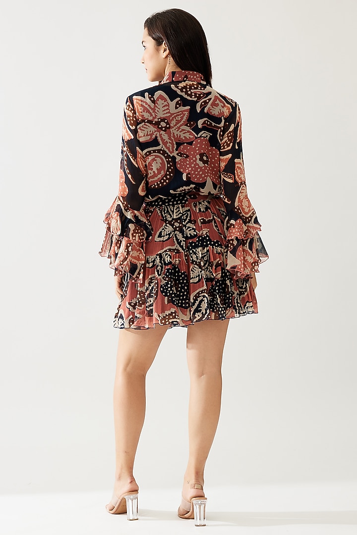 Pink & Dark Blue Chiffon Floral Mini Skirt by Koai at Pernia's Pop Up Shop