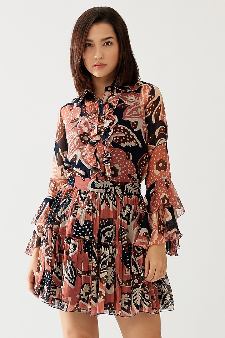 Pink & Dark Blue Chiffon Floral Mini Skirt by Koai at Pernia's Pop Up Shop