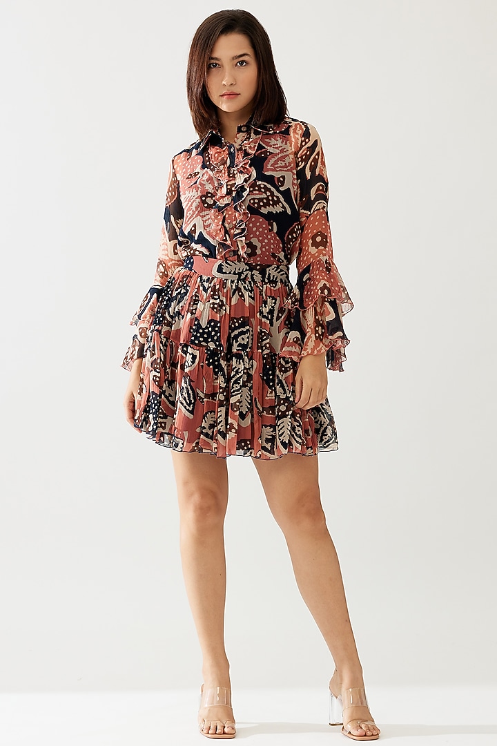 Pink & Dark Blue Chiffon Floral Mini Skirt by Koai at Pernia's Pop Up Shop
